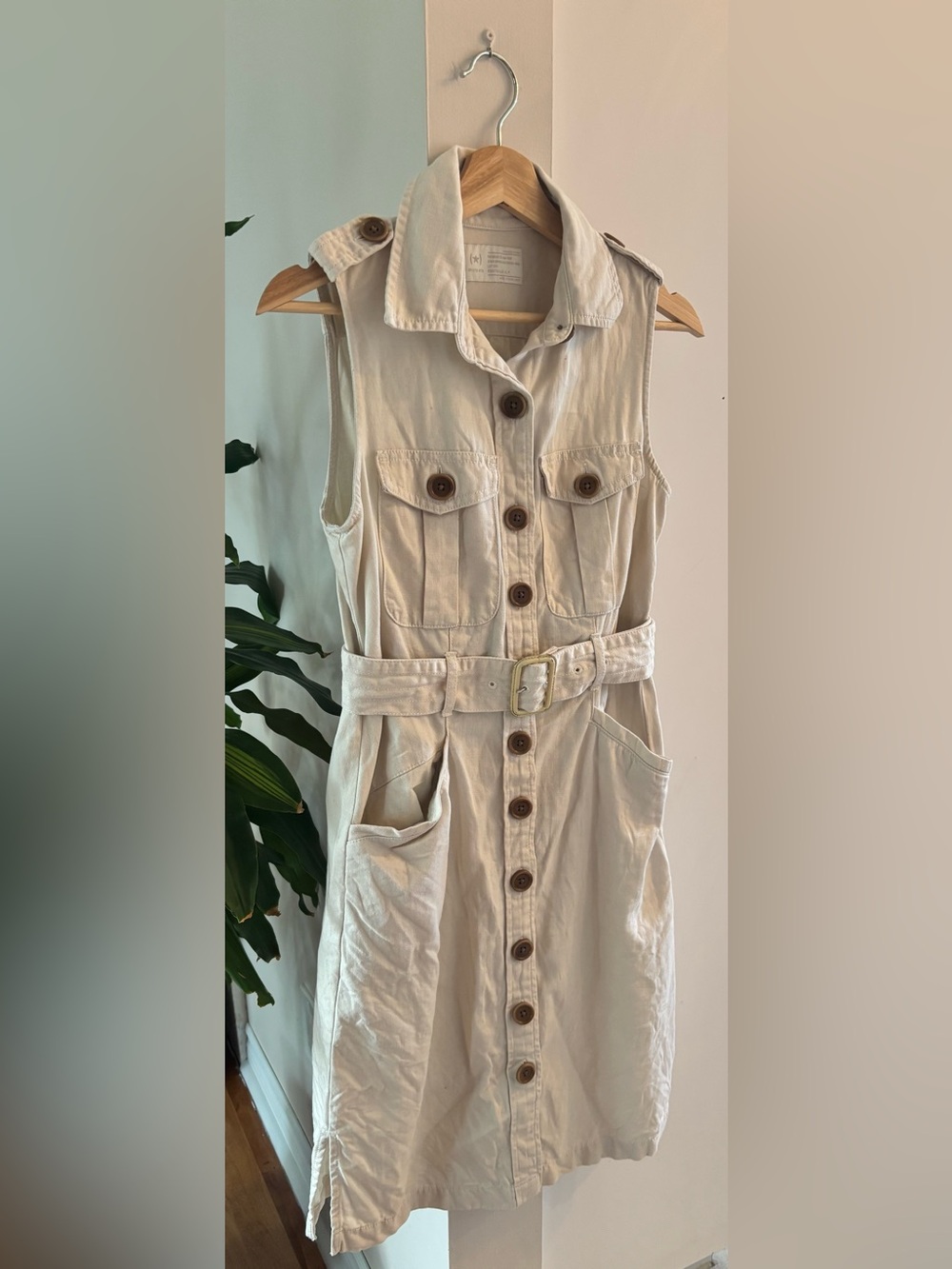 Sleeveless Cream Utility Dress Vest with Belt